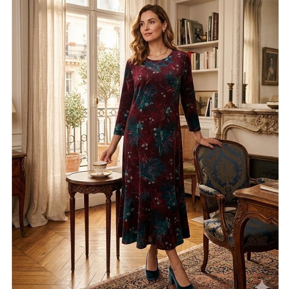 Denim & Co Burgundy Floral Velvet Maxi Dress Long Sleeve M Cottagecore Fall